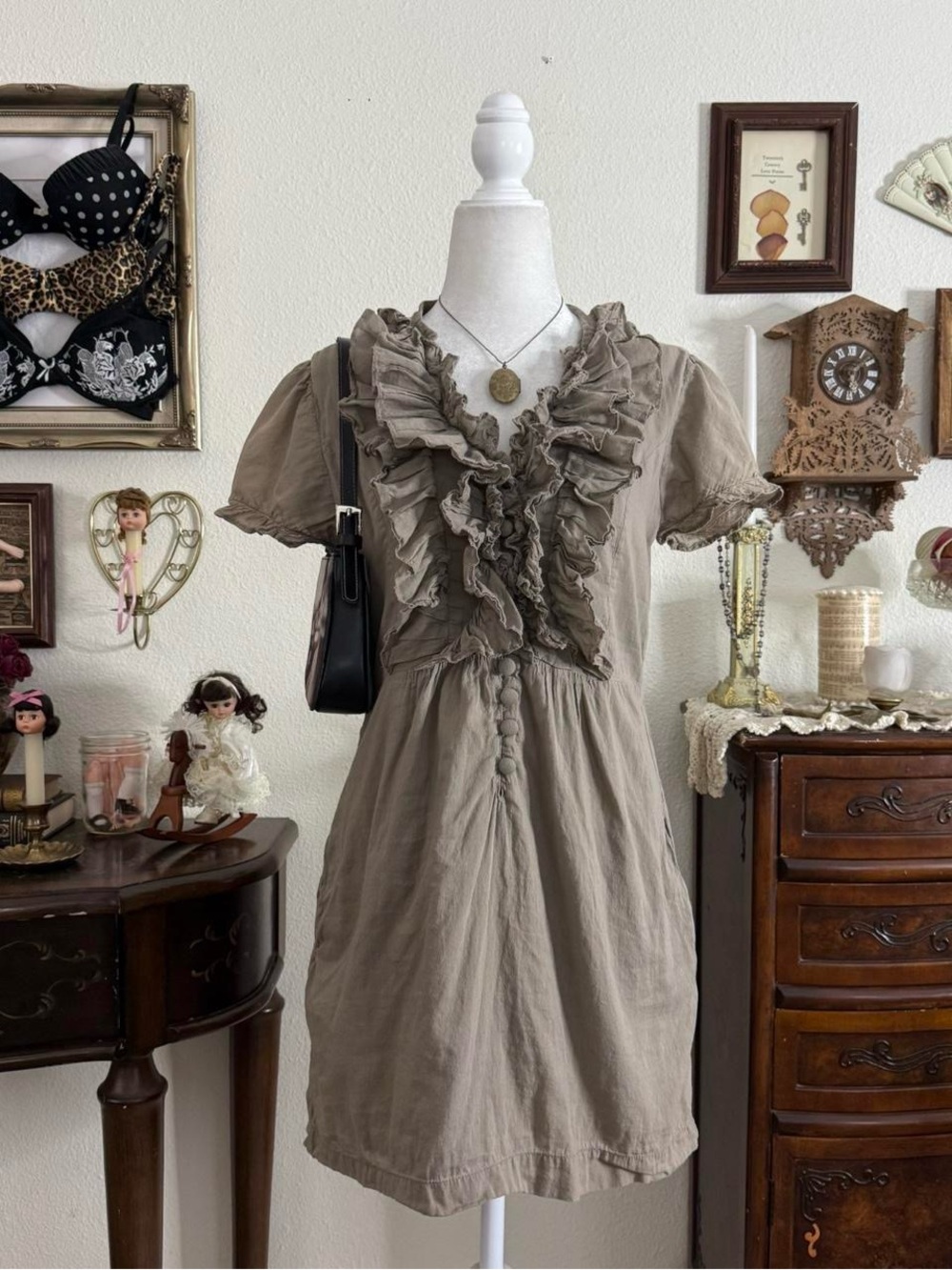 Y2k dainty girly grunge vampy fairy muted brown ruffled mini dress w pockets - Picture 1 of 5